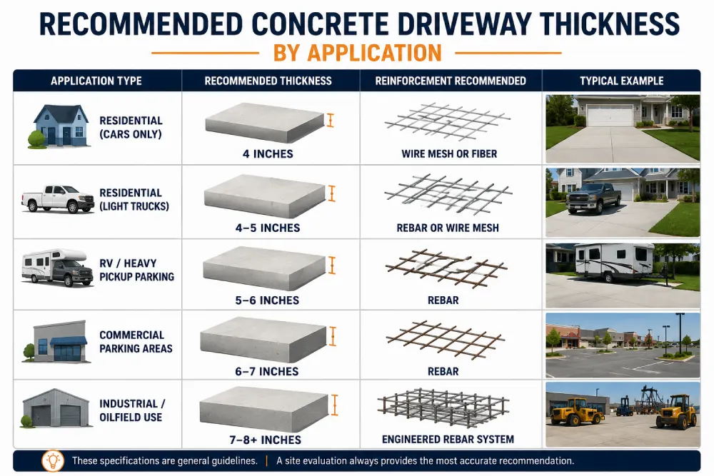 Recommended concrete driveway thickness guide for Odessa Midland TX